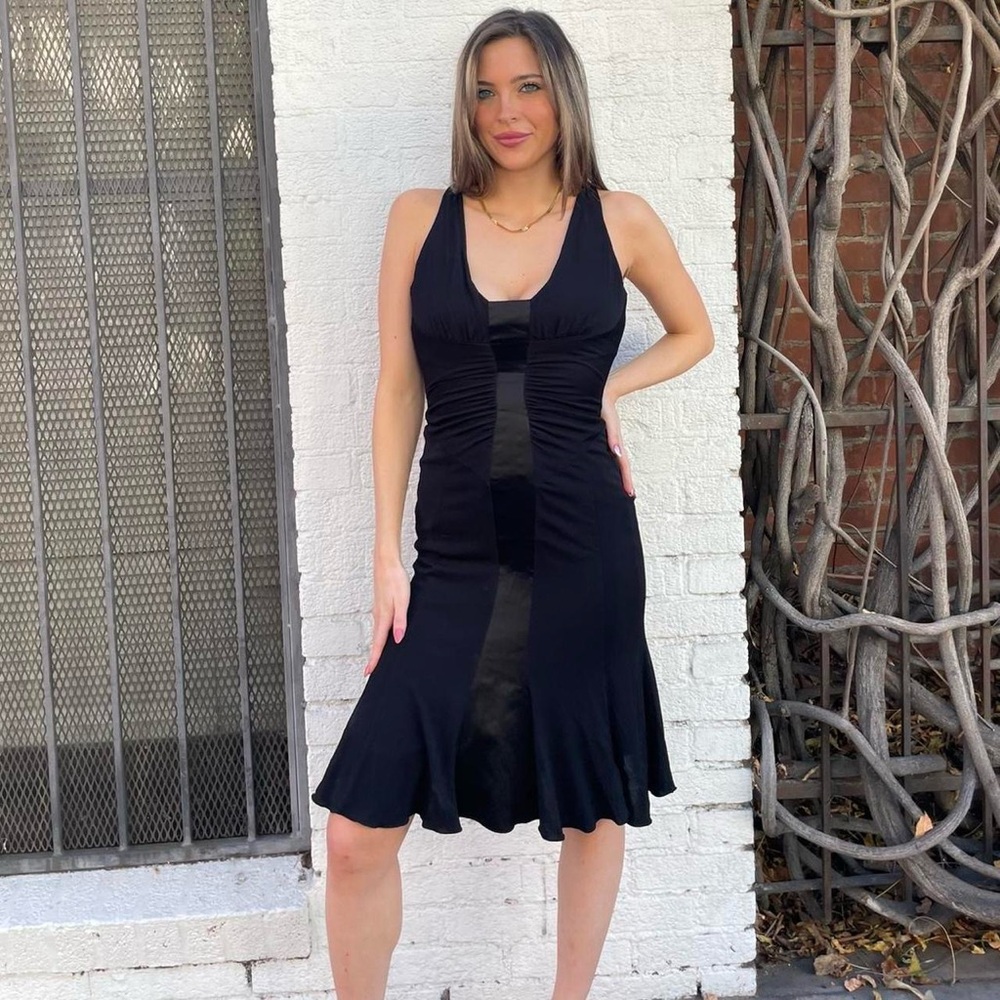 Y2k Bebe sexy cocktail body-con cinched v-neck midi dress sz xs